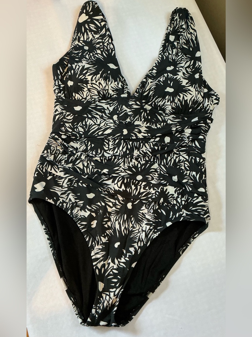 Garnet Hill Black & White Floral One-Piece Swimsuit Size 14